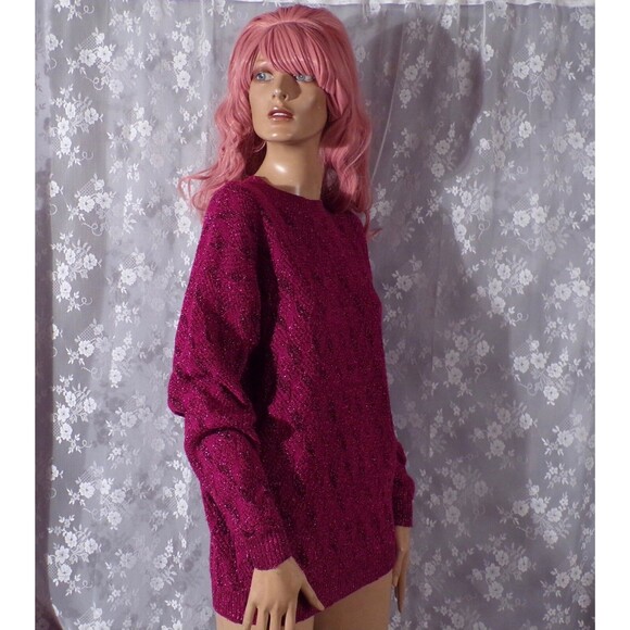Vintage 80s Sweater 1980s Dark Pink Glitter New Wave Hipster Retro Size Large - Picture 4 of 8